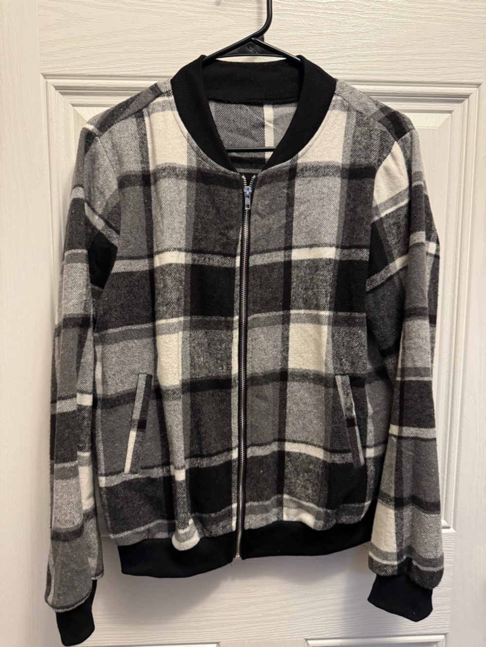 SHEIN Black & White Plaid Bomber Jacket